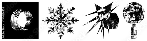 Vector art featuring stylized shapes with halftone grain, fragmented forms, sharp angular geometry, black and white contrast, graphic design elements.