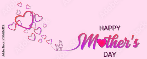 Happy Mother's Day greeting card with purple hearts on a pink background