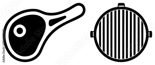 Black of steak cut and circular grill grate, barbecue cooking tools, outdoor grill equipment, meat preparation symbols, flat vector design.