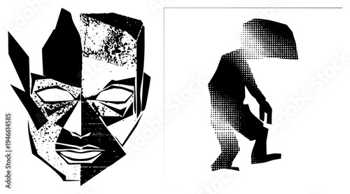 Stylized fragmented face with bold shapes and textured halftone figure, graphic design elements, modern vector illustration, black and white composition.