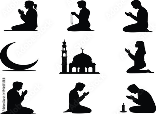 Islamic prayer silhouettes including mosque crescent moon prayer beads and candle