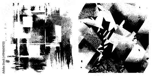 Black and white graphic with intersecting angular forms, halftone texture, stylized composition, modern art piece, vector design.