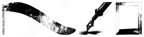 Classic fountain pen nib dripping ink, calligraphic stroke, vintage writing tool, halftone, artistic ink splatter, isolated graphic elements.