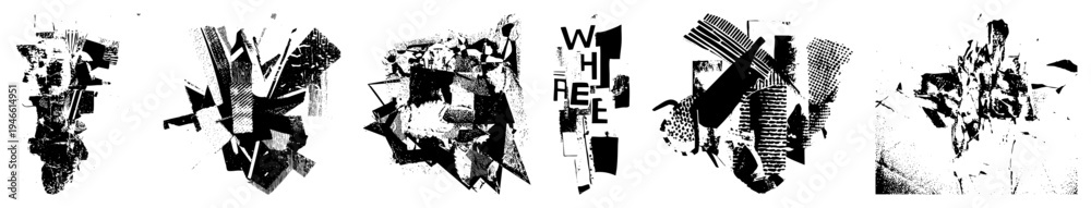 Fototapeta premium Fragmented abstract shapes with halftone textures, graphic composition, typographic integration, modernist design, vector art.