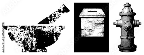 Grunge style mortar pestle, halftone concrete block, fire hydrant vector, urban tools, rustic textures, industrial symbols, isolated objects.