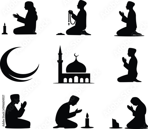 Islamic prayer silhouettes crescent moon mosque prayer beads and candles on white background