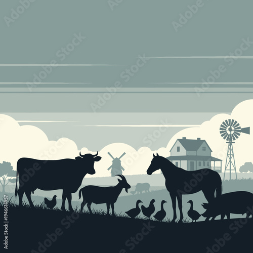 Farm Animals Silhouette - A Serene Countryside Scene.