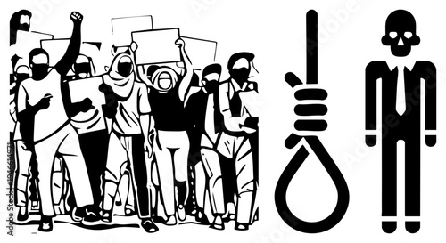Activists holding placards in demonstration, skull and noose symbols, protest art, civil rights, black and white vector graphic.