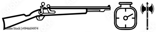 Historical firearm, antique timepiece, battle weapon, vintage military gear, black art, isolated vector symbols.
