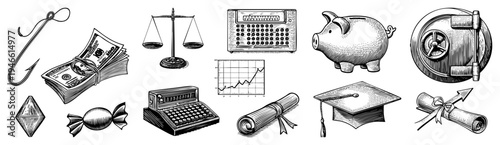 Set of classic engraved symbols money, scales, calculator, piggy bank, safe, diploma, graduation cap, candy, graph, typewriter, diamond, fishing hook timeless education and finance.