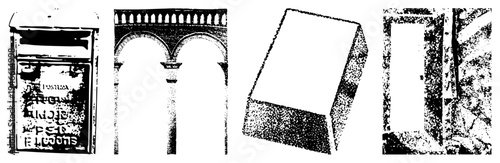 Antique mail receptacle featuring engraved text, classical, stone columns, and textured halftone shading, ideal for historical or architectural design projects.