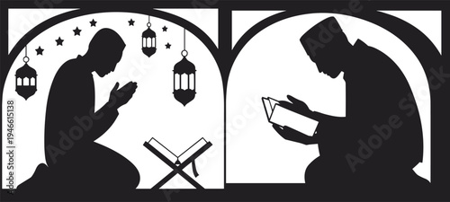 Silhouette of two Muslim men praying and reading the Quran under hanging lanterns and stars