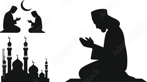 Black silhouette of people praying and Islamic mosque with crescent moon on white background
