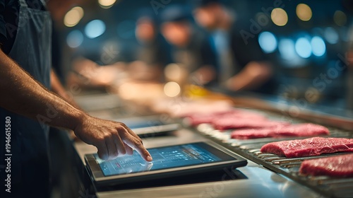 A professional chef interacts with a digital tablet while prepa raw steaks in a modern, restaurant kitchen environment, blurred.