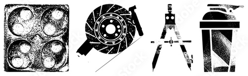 Graphic symbols of industrial tools and objects baking mold, brake rotor, drafting compass, aerosol can., halftone texture, isolated design elements for UI or branding.