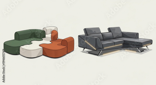 Modern living room furniture set with stylish sofas and chairs in green orange and gray colors on white background