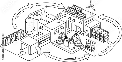 Line art vector of smart recycling factory and circular economy