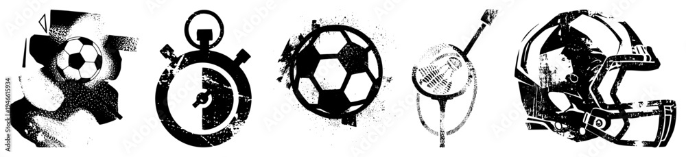 Fototapeta premium Distressed vector of sports equipment, halftone textures, gritty aesthetic, athletic gear, game timing, team sports, black and white graphic.