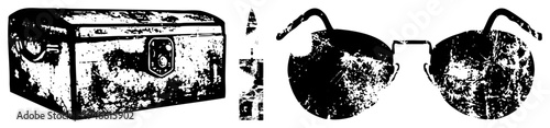 Rustic metal toolbox with latch, worn texture, and circular handle round framed sunglasses with distressed. Vector graphic with halftone grain, isolated on transparent background.