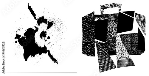 Abstract vector art with ink splatter and halftone geometric shapes, graphic design element, stylized composition, black and white illustration, modern art motif.