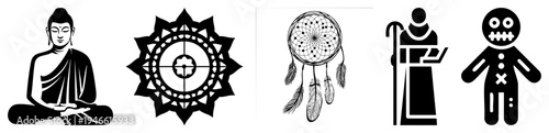 Peaceful Buddha meditating, intricate mandala, dreamcatcher with feathers, holding book, gingerbread man all vector symbols for spiritual or whimsical design.