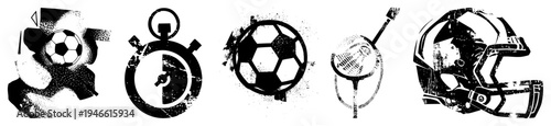 Distressed vector of sports equipment, halftone textures, gritty aesthetic, athletic gear, game timing, team sports, black and white graphic.
