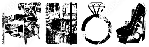Fragmented diamond ring, high heeled shoe, notebook, and chair rendered in gritty halftone, vector silhouette with distressed texture, isolated graphic elements.