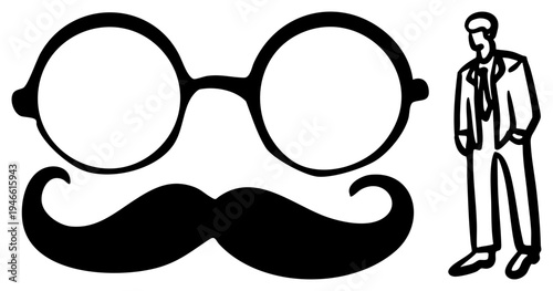 Classic gentleman in suit with round spectacles and handlebar mustache, vintage fashion, retro character, monocle style, old fashioned gentleman, stylized silhouette.