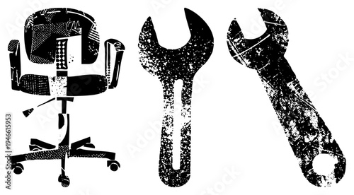 Retro office chair with wheels and adjustable armrests, paired with two wrenches, distressed black and white vector art, workshop or repair theme, mechanical tools, vintage graphic style.