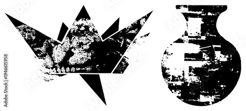 Geometric crown and vase vector with halftone grain, stencil style, graphic design elements, vintage distressed texture, isolated symbols.