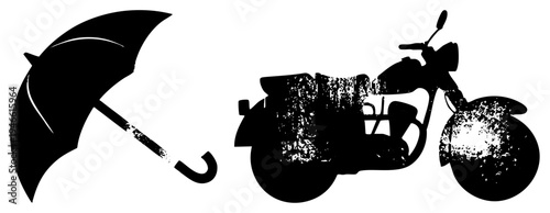 Black vector silhouettes of motorcycle and umbrella with distressed texture, urban graphic design, isolated foreground elements, art.