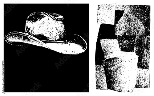 Classic Western hat with band, wide brim, and halftone texture, cowboy headwear, rancher accessory, rustic style, isolated graphic.