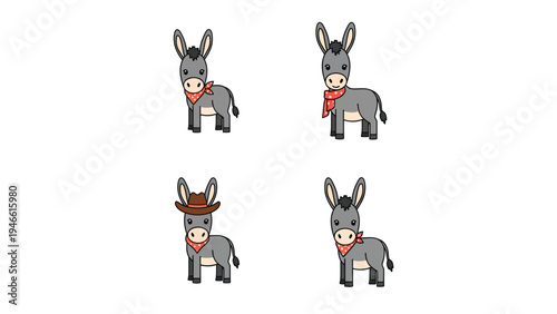 Cute Cartoon Donkeys Set with Bandanas, Scarf, and Cowboy Hat. Adorable Farm Animal Characters.