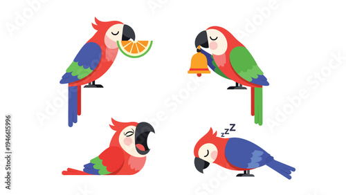 Cute Cartoon Macaw Parrot Set: Eating, Playing, Yawning, Sleeping. Flat Vector Bird Character Collection.