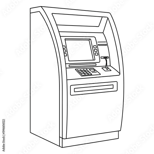 Black and white line of an A T M machine with keypad and screen atm machine automated teller machine