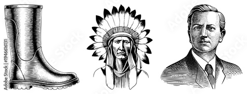 Classic halftone engraving style depicting rubber boot, Native American chief with headdress, and formal businessman portrait. Retro graphic design with stippled shading and clean.