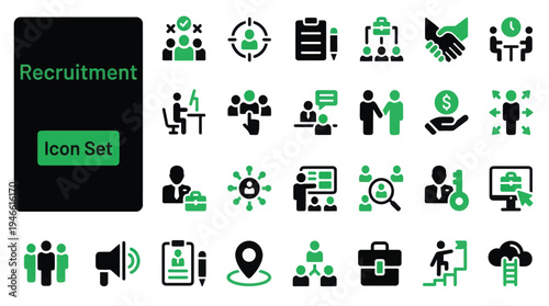 Recruitment and Human Resources Icons Modern Professional Black and Green Vector Set for Business Websites and Apps.