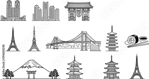 landmarks, architecture, travel, icons, tokyo, japan, paris, eiffel, tower, pagoda, bridge, skyline, sushi, mountfuji, tourism, monument, illustration, lineart, culture, collection