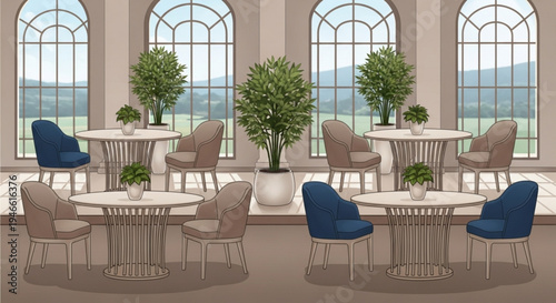 Interior of a modern coffee shop with blue and beige chairs round tables and potted plants in front of large arched windows
