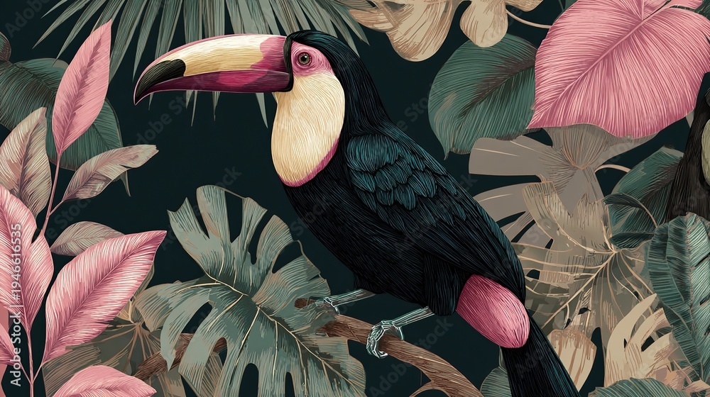 Fototapeta premium Toucan bird in tropical jungle foliage seamless pattern