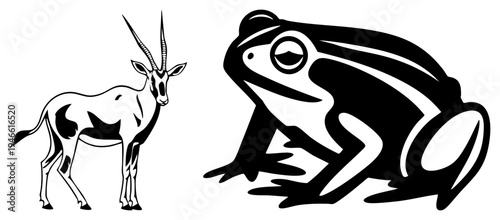 Artistic black and white vector of oryx antelope and frog, graphic design, wildlife silhouette, minimalist, animal cutout, isolated fauna, flat vector style.