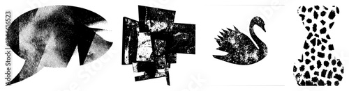 Black halftone speech bubble, textured film strip collage, distressed swan, spotted vase vector art,, graphic design elements, isolated foregrounds, stylized shapes.