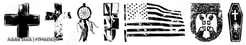 Distressed black and white including, dreamcatcher, American flag, shield, eagle, coffin ideal for alternative or vintage design projects.