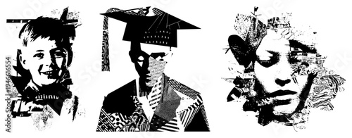 Stylized black and white portraits of graduates with geometric halftone, abstract faces, graduation caps, artistic collage style, vector art.