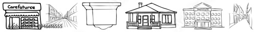 Set of minimalist black and white architectural sketches including storefronts, urban alleyways, houses, and institutes, rendered in clean style for design or illustration use.