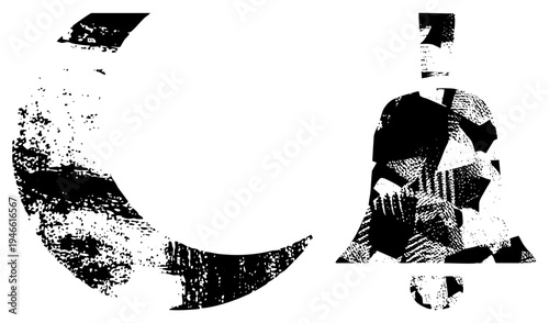 Stylized moon and bell with distressed halftone, graphic design elements, vector art,, retro aesthetic.