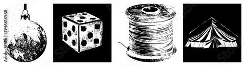 Festive ornament, gaming die, spool of thread, circus tent isolated vector with halftone texture, flat design,, for creative projects.