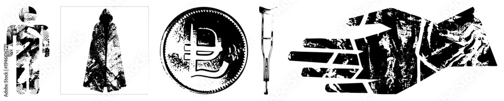 Fototapeta premium Stylized human silhouette with halftone, isolated hand graphic, distressed texture, vector art, medical symbol, conceptual design, black and white.