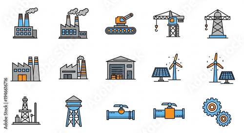 Set of industrial and energy icons in flat design.
