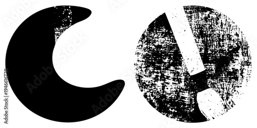 Stylized black letter C and O with grunge texture, typography, vector design, isolated letters, graphic mark, stencil effect.